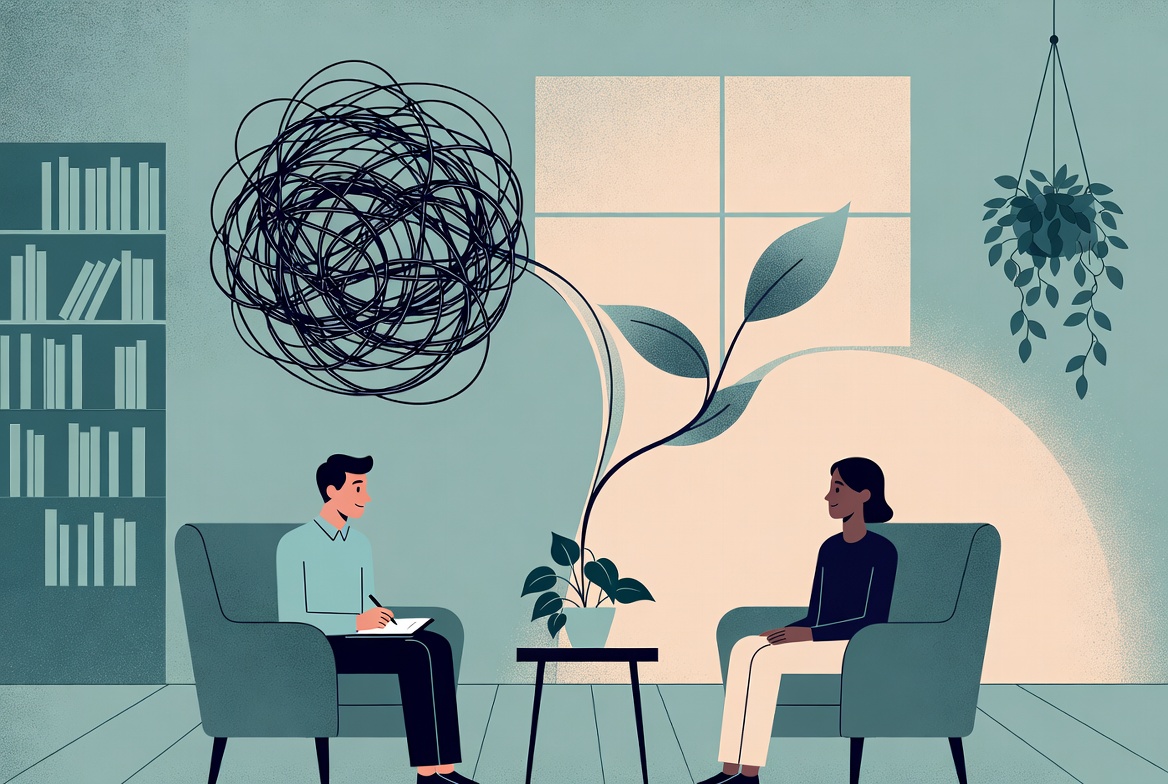 Therapist and client discussing anxiety in a calm office