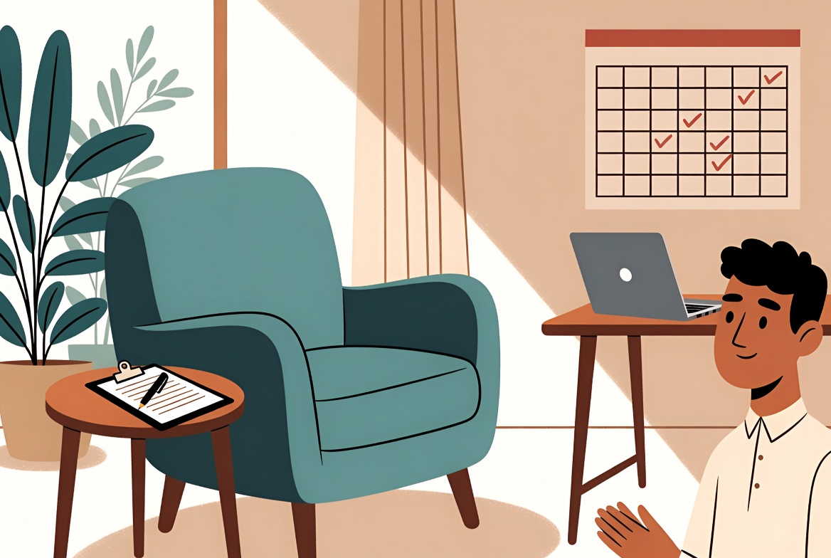 Illustration of a therapist in a calm counseling office
