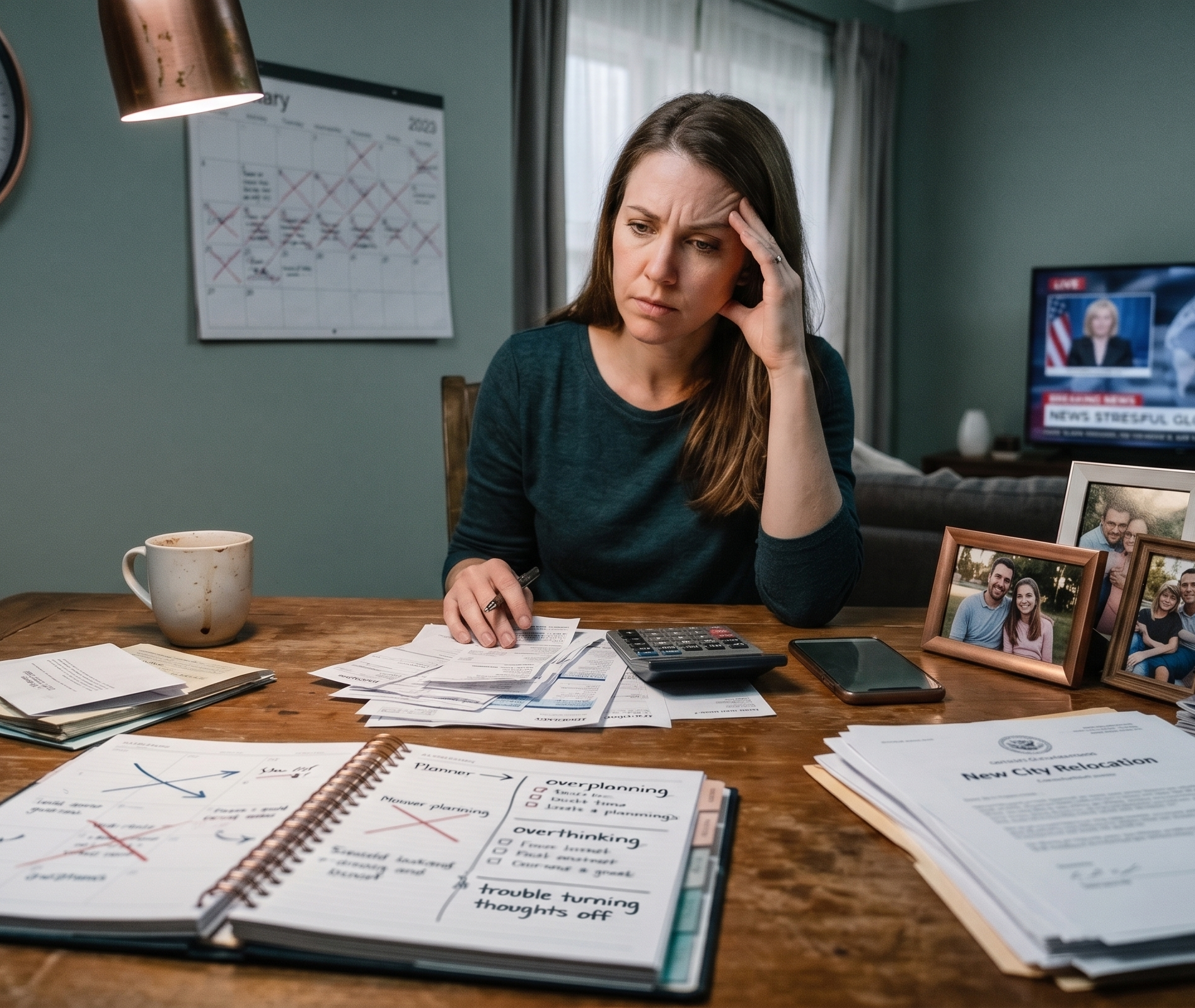 Woman feeling overwhelmed while reviewing bills and a relocation plan