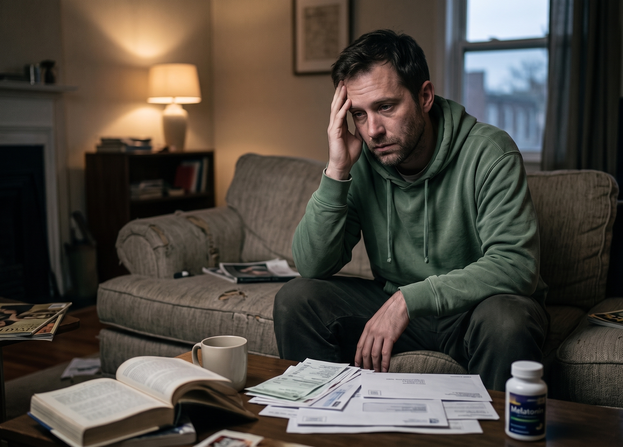 Man showing signs of depression while sitting alone at home