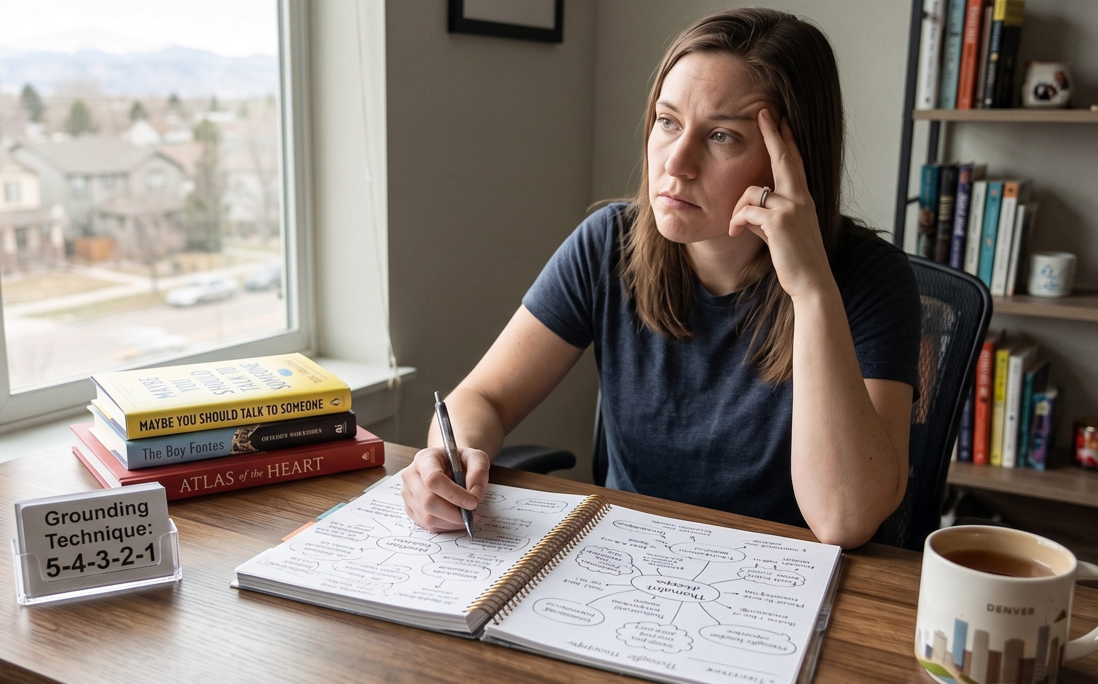 Woman reflecting while practicing anxiety grounding exercises at a desk